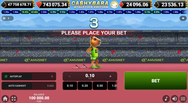 Cashybara Athletics Edition - hlavní obrazovka závodu s počítadlem kurzů
